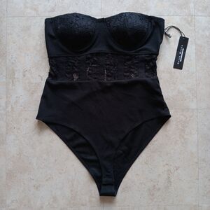 Haute Monde Medium Strapless Bustier Bodysuit Black Lace Padded Teddy Corset